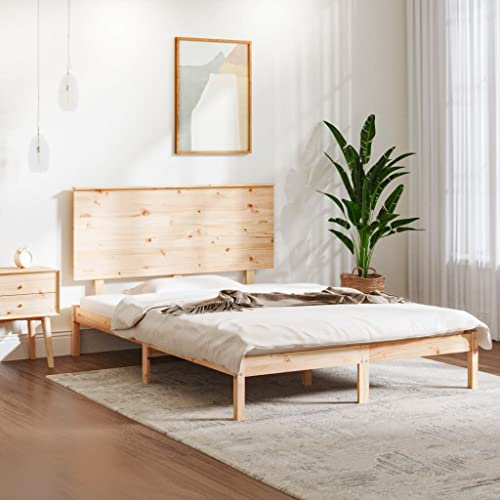 Mandloder Massivholzbett 140x190 cm Kiefernholz, unbehandeltes Bettgestell mit Lattenrost, Robustes Holzbett für Schlafzimmer, modernes Design, Queen Bettrahmen