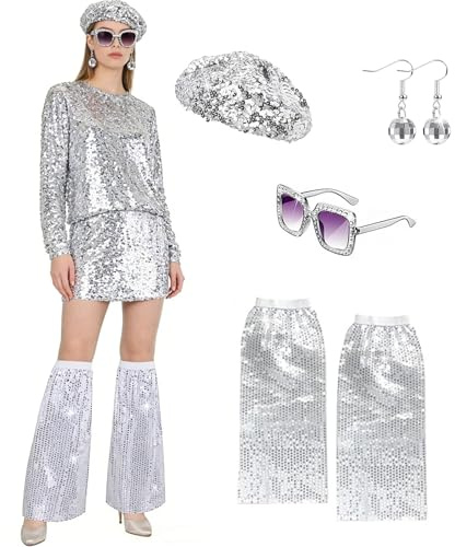 Viunychn Karneval 2026 Disco Accessoires 70er Jahre Kostüm Glitzer Baskenmütze Disco Hut Pailletten Stulpen Brille Sonnenbrille Discokugel Ohrringe 70er 80er Jahre Outfit Damen für Fasching Kostüm