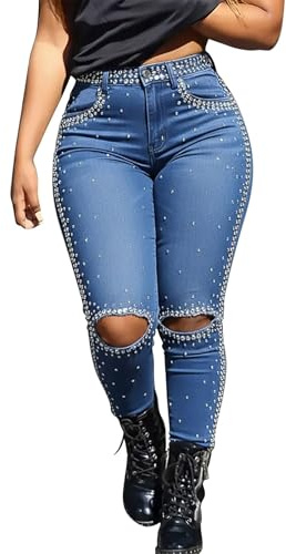 Strass jeans för kvinnor UK vintage rippade jeans skinny kvinnor retro stil trasiga byxor paljett denimbyxor Y2K streetwear byxor glitter cowgirls byxor slim fit glittrande byxor, BLÅ, L