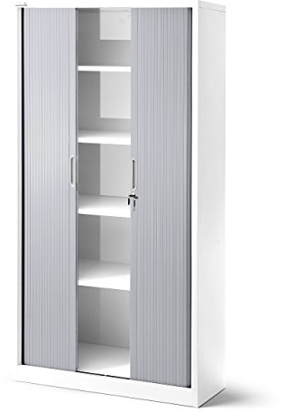 Jan Nowak Rollladenschrank Aktenschrank Büroschrank mit Rolltüren Querrollladenschrank Metall Pulverbeschichtung 4 Einlegeböden 185 cm x 90 cm x 45 cm (Weiß-Grau)
