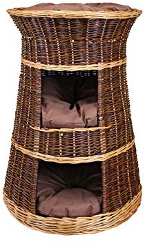 Katzenkorb zum Schlafen – Katzenhütte Indoor – Größe: 43 x 49 x 70 cm rund – Katzenhöhle aus Weide – Dreistufiges Bett für Hunde oder Katzen mit waschbaren Kissen in Braun – Lackierter Korb