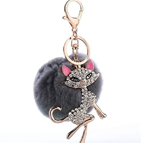 Schlüsselanhänger Pompom Keychain plüsch Ball Taschenanhänger Strass bommel Pelz-Kugel Auto-Anhänger Weich Schlüsselring Mode Katze mit Strass Anhänger (Grau)