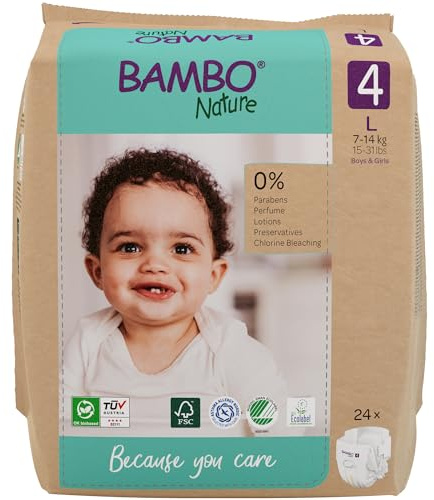 Bambo Nature Baby Windeln Größe 4 (7-14kg) 24 Stk | Premium Diapers, Verbesserte Auslaufsicherheit, Ultimativer Komfort & Freiheit für aktive Kinder, Dermatologisch getestet