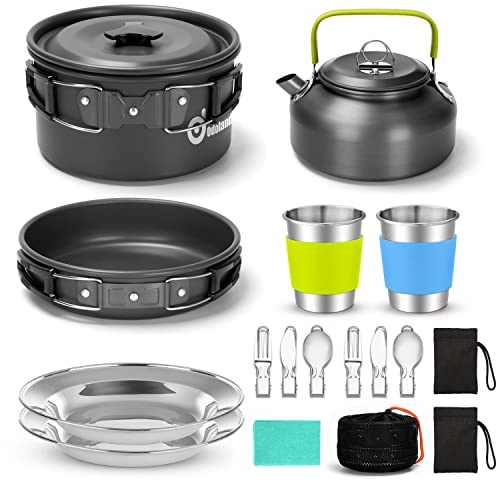 Odoland 15pcs Camping Cookware Mess Kit, Non-Stick Lightweight Pot Pan Kettle Set with Stainless Steel Cups Plates Forks Knives Spoons for Camping, Backpacking, Outdoor Cooking and Picnic