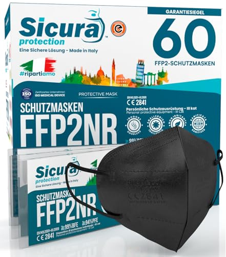 60 Mascherine FFP2 NERE Certificate CE SICURA Protection Made in Italy BFE ≥99% Mascherina FFP2 vera Marcatura EFFETTO PULITO e sigillata. EN 149:2001+A1:2009