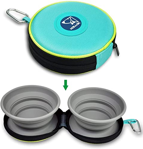 UEME Double gamelle de Voyage pour Chiens, 2 in 1 gamelles Pliables en Silicone pour l’Eau et la Nourriture, étui Pliable en Tissu Oxford zippé avec Mousqueton, gamelle Portable de randonnée