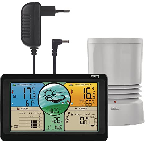 EMOS Station météo radio avec écran couleur, capteur extérieur dans le pluviomètre, température °C/°F, humidité, prévisions météorologiques, lectures max/min, horloge radio 12/24h, calendrier