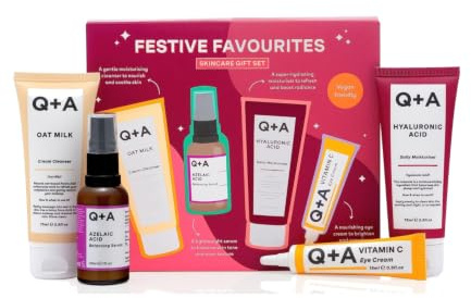 Q+A Festive Favourites Gift Set, containing a Hyaluronic Acid Moisturiser (75ml), an Oat Milk Cream Cleanser (75ml), an Azelaic Acid Serum (30ml), and a Caffeine Eye Serum (15ml)
