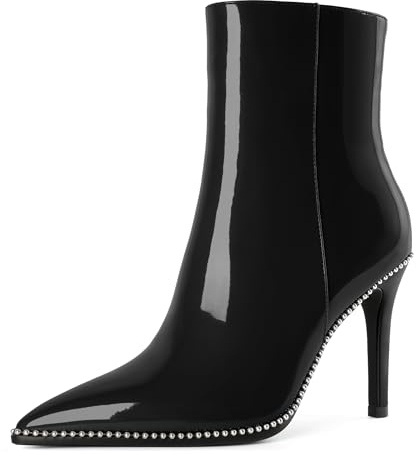 Joseywade High Heel Boots For Women Ankle Boots Stiletto Thin Slim Heel Pointed Toe 3.5 Beaded Short Booties Shoes for Casual Work Daily Life Party Patent Black Size 8