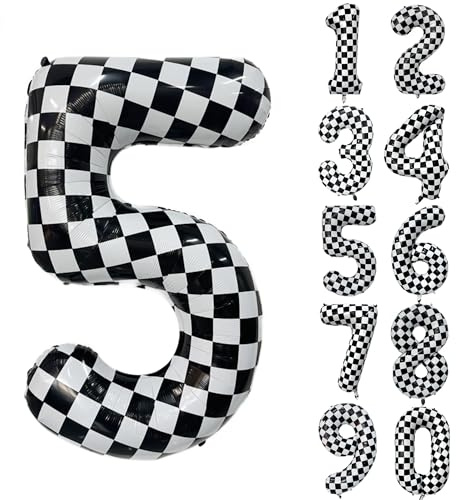 Ballon d'anniversaire à carreaux, ballon gonflable chiffre 5, ballon chiffre noir et blanc, ballon géant en mylar chiffre 5 pour garçons filles fête d'anniversaire fête voitures décoration de fête 5