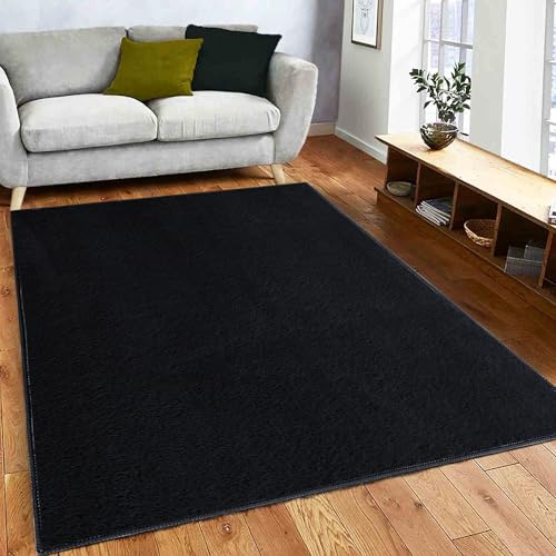 BedLooms Rugs Living Room 80x150 cm, Fluffy Bedside Black Rug for Bedroom Low pile Machine Washable Carpets for Hallway Runner Comfortable Soft Nursery Faux Fur Rug for Kids Room