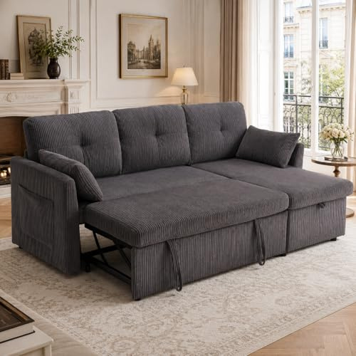 Sapgaks Canapé d'angle Convertible avec sièges de Rangement et Poches accoudoirs,Canapé Convertible avec Forme des Rayures,canapé 3 Places,canapé lit, Velours (Gris foncé)