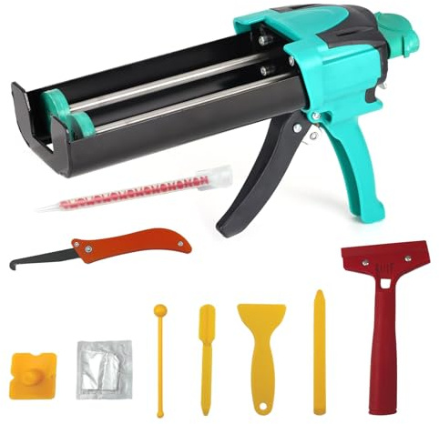 Zyklonix Double Caulking Gun,Dual Epoxy Gun for 400 mL/13.5 fl oz (1:1 Mix Ratio),Manual Dual Component Adhesive Applicator with 9 Pieces Caulk Tools,Hand Cartridge Caulk Gun,Green