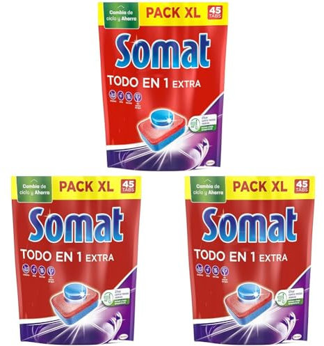 Somat Todo en 1 Pastillas Detergente para Lavavajillas (45 lavados), pastillas del lavavajillas y abrillantador, jabón lavavajillas antiolor (Paquete de 3)