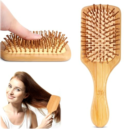 Lot de 2 brosses à cheveux en bambou naturel pour femme, brosse démêlante pour massage/cheveux secs/bouclés, épais, fins, raides (grand carré)