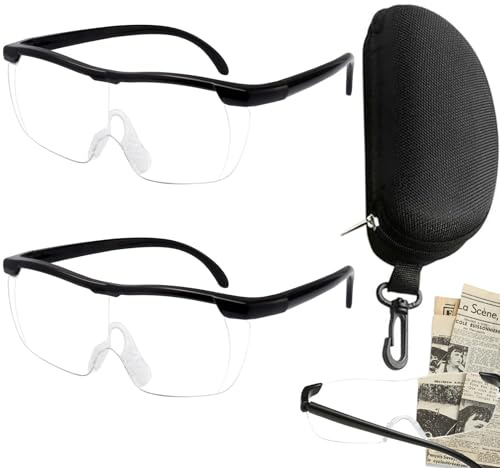 2 Stück 250% Vergrößerungsbrille, Tragbare Leselupe mit Brillenetui, Lese Lupenbrille, Anti-Blaulicht, Ideal zum Lesen, Basteln, Reparieren, für Senioren（Schwarz）