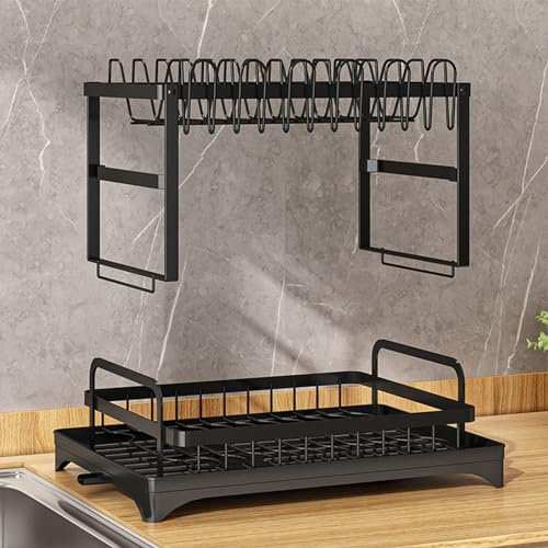 Fuchooky Aluminium à 2 Niveaux Discing Drying Rack Space Conception de Sauvegarde avec Drain et Support d'ustensile pour Organisation de Cuisine Black