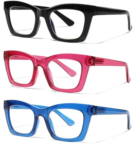 ZOECENT 3 Pack Lesebrille Damen Blaulichtfilter Brille Federscharniere Computer Brillen übergroße Quadratische Lesebrillen (3 Farbe-2, 0.75, x)