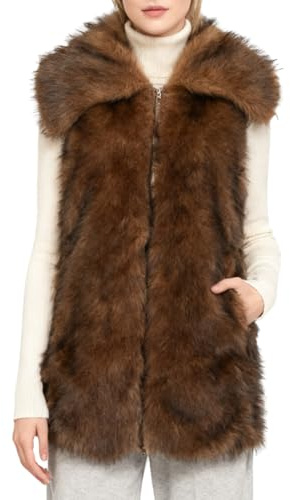 Amazhiyu Gilet di pelliccia da donna, in pelliccia sintetica, giacca invernale senza maniche, con tasche e chiusura lampo, marrone, S