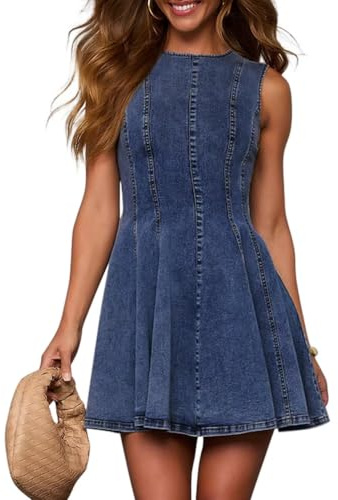 KDF Denim Dress for Women Sleeveless Babydoll Tank Jean Dress Slim Fit A-Line Summer Dresses for Women 2025 Navy Blue