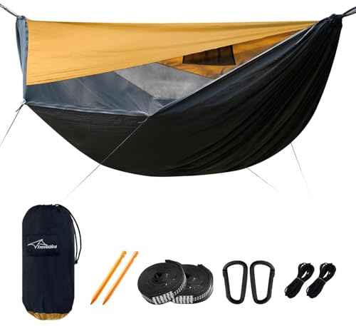 Travel Bird Hängematte Outdoor mit Moskitonetz und Sonnenschutz, Hängematte 2 Personen mit Ridgeline, 290 x 140cm, Fallschirm-Nylon Reisehängematte, für Camping Wander Survival und Reisen