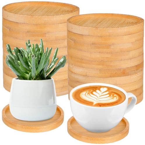 24pcs 3.7’’ Bamboo Plant Saucers Small Round Plant Coasters Drip Trays Plants Saucer DIY Crafts Gifts for Indoor Potted Plants Tabletop Ceramic Cup Holders Table Protectors Wedding Party Decor
