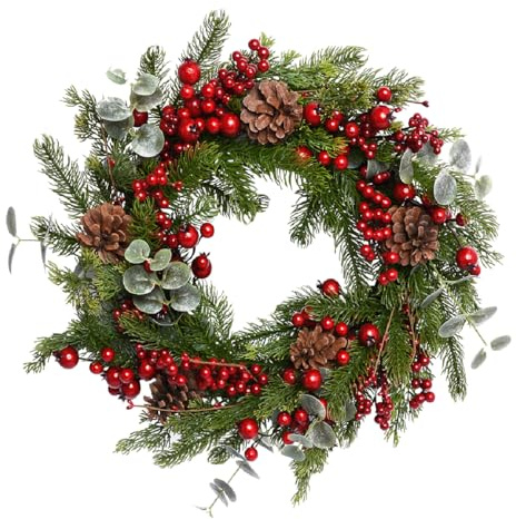 The Christmas Workshop 45cm Christmas Wreaths/Snowberries, Red Baubles, Holly & Eucalyptus/Decorative Round Artificial Wreaths for Indoor & Outdoor Use (Eucalyptus Wreath)