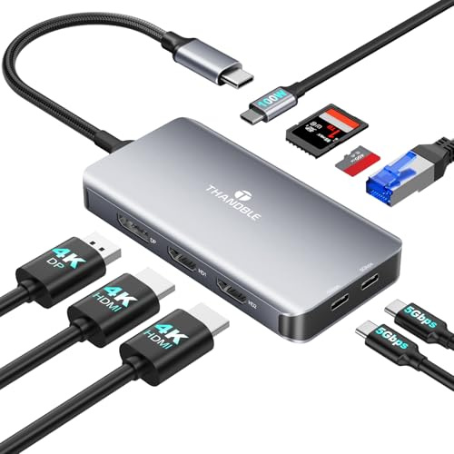 THANDBLE Estación de acoplamiento USB C de doble monitor, estación de acoplamiento 9 en 1 para laptop triple monitor, 4K @60Hz USB C Hub Dual HDMI y DisplayPort, LAN de 1000 Mbps, USB-C de 5 Gbps, 100