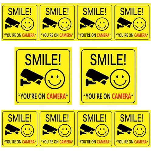 10 Pcs Smile Your on Camera Signs,3.9 X 3.9 Inch Sticker Gold Smile Your n Camera Signs,Weatherproof Durable Smiles Your On Cameras Sign Small,for CCTV Surveillance,House,Business,Entry Areas