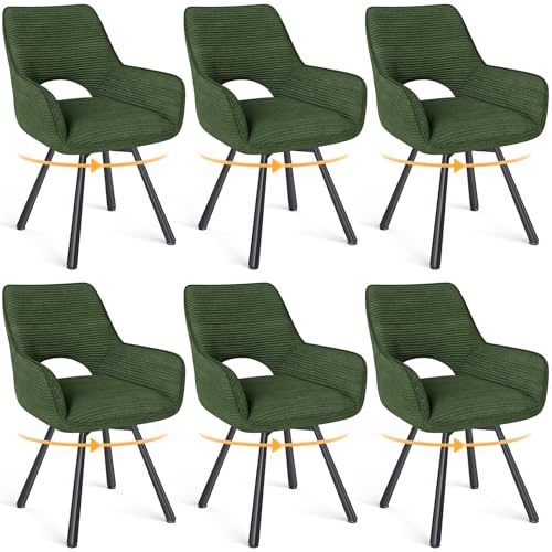 WAFTING Esszimmerstühle 6er Set Drehbar 360°,Armlehnstuhl,Küchenstuhl,Grün | Metallbeinen,Cord Stoff,Küchenstühle,Wohnzimmerstuhl,Polsterstuhl mit Samt,Esszimmer,Restaurant,Schlafzimmer,Konferenzraum