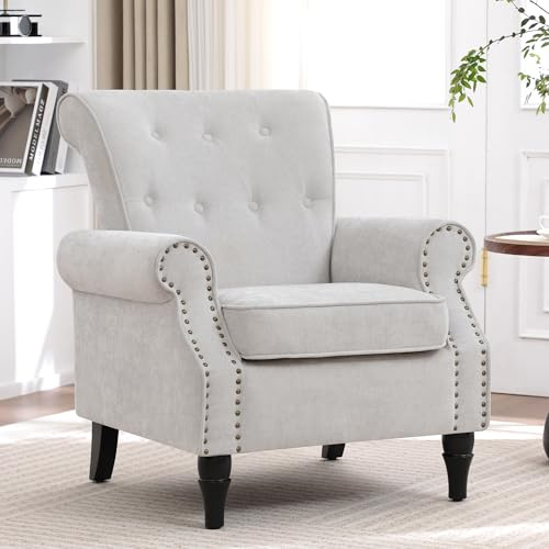 HCHAIRH Wingback Accent Chair for Living Room Comfy Upholstered Armchair with Removable Cushion Reading Chair with Nailhead Trim and Wood Legs, Single Chair for Living (Light Grey)