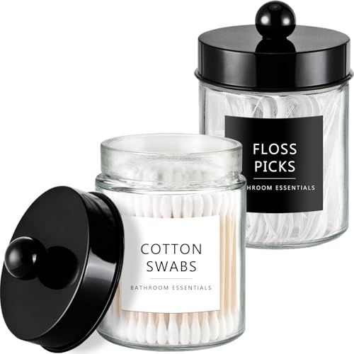 Amolliar 2 Pack Qtips Dispenser Holder - Bathroom Countertop Storage Organizer Containers - Glass Apothecary Jars with Black Plastic Lid for Q-tips Cotton Balls, Swabs, Round Pads, Floss