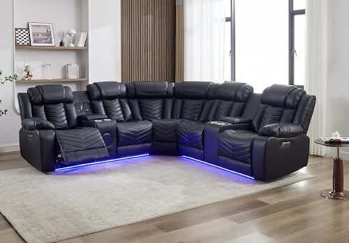Zeus Leather Electric Recliners Corner Sofa With Cupholders - Bluetooth Speakers/LED Lights/USB Charging Ports/Storage (Black)