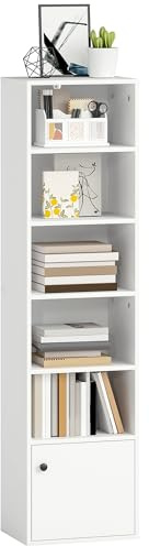 HOMCOM Tall Bookcase, 6-Tier Narrow Bookshelf with 3 Adjustable Shelves and Cupboard, Modern Freestanding Shelving Unit for Living Room, Home Office, White