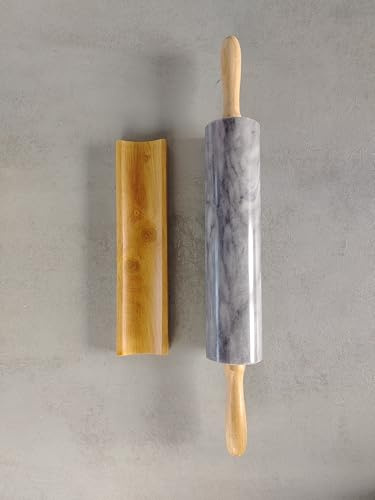 LA CASA DI EVA Mattarello in Marmo con Manici Girevoli in Legno, Grigio, 51 cm, con Base in Legno
