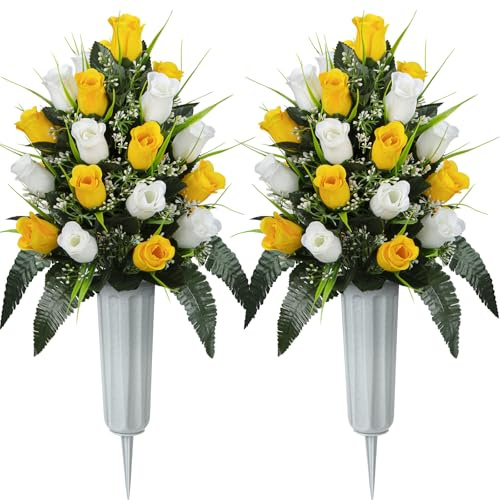 SIFOEL Artificial Cemetery Flowers - Set of 2 Grave Memorial Rose Flowers with Vase for Cemetery Headstones Gravesites Decoration (Yellow&White)