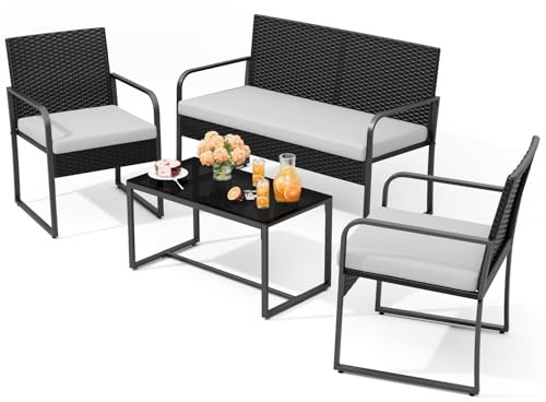 Gizoon 4 Piece Patio Furniture Set, Wicker Furniture with Glass Coffee Table, Outdoor Rattan Conversation Set, for Backyard, Poolside, Porch, Lawn, Cushion-Grey