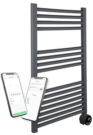 Masterplug Smart Electric Heated Towel Radiator/Rail with Remote for Bathrooms, Wi-Fi App Control, LED Display, Touch Control, Timer, Wall Mounted, SmartEnergy Thermaline, Grey, 500W, TWL50G80