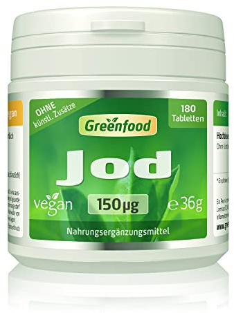 Jod Tabletten, 100% Tagesbedarf, 150µg - 180 Tabletten, vegan. Optimale Jodversorgung - für Schilddrüse, Hormonhaushalt & Nervensystem. OHNE künstliche Zusätze - laborgeprüft. Von Greenfood.