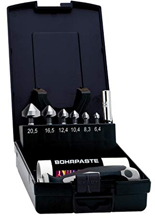 Exact Senk-Bit Set, Ø 6,3 - 20,5 mm + Universalhalter, Bohrpaste & Handgriff, 1/4 Bit-Schaft, HSS, DIN3126