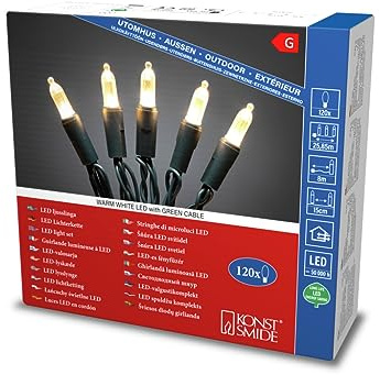 Konstsmide LED Minilichterkette, 120 warm weiße Dioden, 24V Außentrafo, grünes Kabel