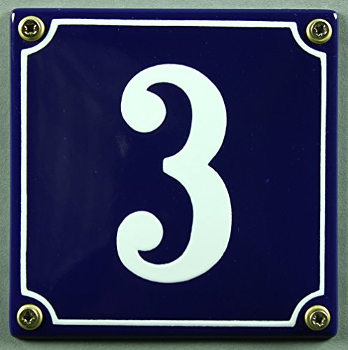 Emaille Hausnummernschild - Wählen Sie Ihre Nummer - Zahlen 1 bis 30 verfügbar - blau/weiß 12x12 cm und 12x14cm - sofort lieferbar! Hausnummer Schild wetterfest und lichtecht (3 blau/weiß 12x12cm)