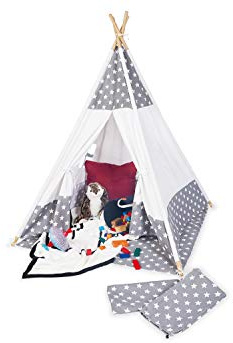 PINOLINO Tipi Zelt für Kinder – Jakara Spielzelt | Indianerzelt mit Fenster, Bodenmatte & Aufbewahrungsbeutel, 120×120×155 cm, schnell montiert, Sternchen Muster
