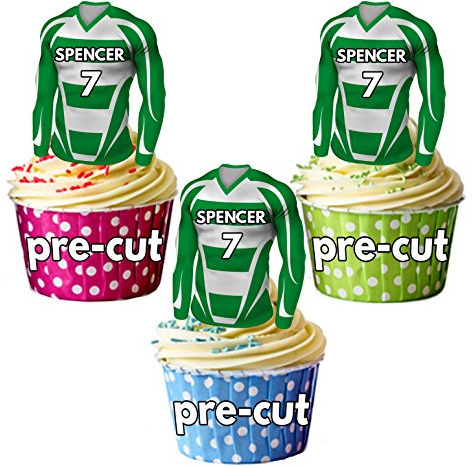 AK Giftshop PRECUT Personalised Edible Football Shirts With Your Chosen NAME & NUMBER - Cupcake Toppers/Cake Decorations Green and White Striped Kit Shirt (Pack of 24)