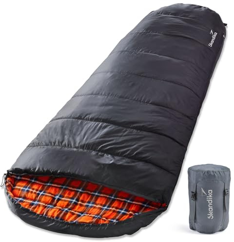 Skandika Vegas XXL | sacco a pelo mummia con fodera interna in policotone, accoppiabile, 3 stagioni, fino a -12 ° C, 220 x 110 cm (flanella nero/arancione sinistra)
