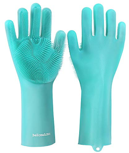 BeHomeArmor Magic Washing Up Gloves, Reusable Silicone Household Cleaning Gloves for Kitchen, Bathroom Cleaning and Pet Hair Care, Latex Free ( 1 Pair) (Green)