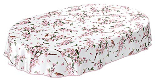 ANRO Wachstuch Tischdecke abwaschbar Wachstuchtischdecke Wachstischdecke Sakura Vogel Oval 180x140cm mit Saum - Eingefasst
