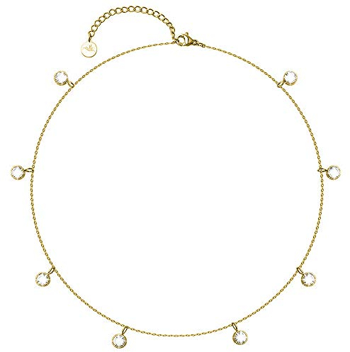 BONNYBIRD® Kristall Kette mit 8 Steinen Gold Damen Edelstahl Halskette mit Stein Anhänger Crystal Weiß Frauen Wasserfest Schmuck Vergoldet Goldkette Layering Goldschmuck