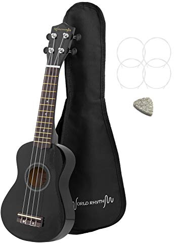World Rhythm - Ukulele Soprano per Principianti, Finitura Nera, Con Custodia, Corde Di Ricambio e Plettro In Feltro, Con Corde Aquila, Nero