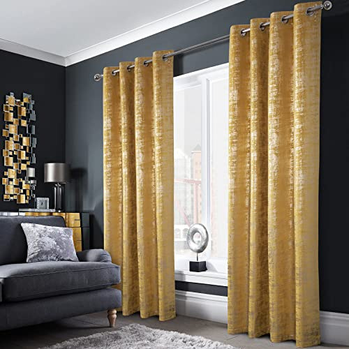 always4u Vorhänge mit Muster Gold Blickdicht 100%, Samt Vorhang Wohnzimmer, Vorhang Verdunkelung mit ösen, Stoff Glänzend Eleganter, Gelb 2er Set 245x140cm
